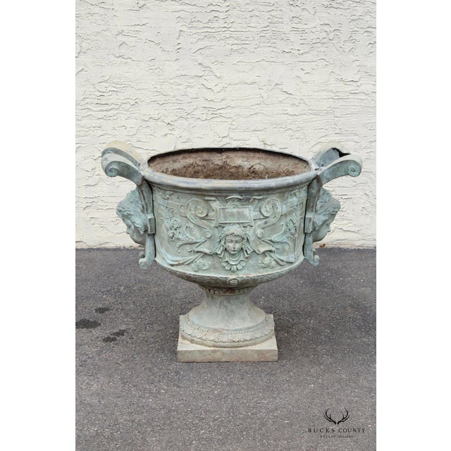 Green Antique Pair of Lead Alloy Outdoor Garden Urns For Sale - Image 8 of 12