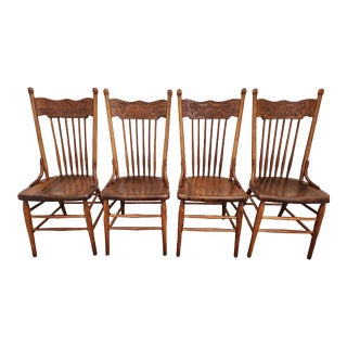 Early 20th Century Vintage Oak Pressback and Spindle Dining Chairs - Set of 4 For Sale