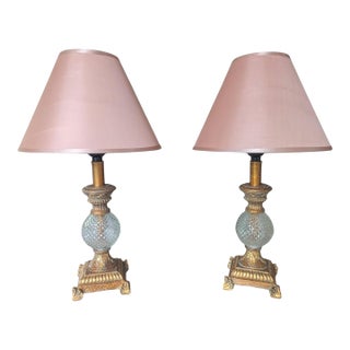 Hollywood Regency Gilded Gold and Faux Crystal Lamps With Pink Lampshades- A Pair For Sale