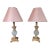 Hollywood Regency Gilded Gold and Faux Crystal Lamps With Pink Lampshades- A Pair For Sale