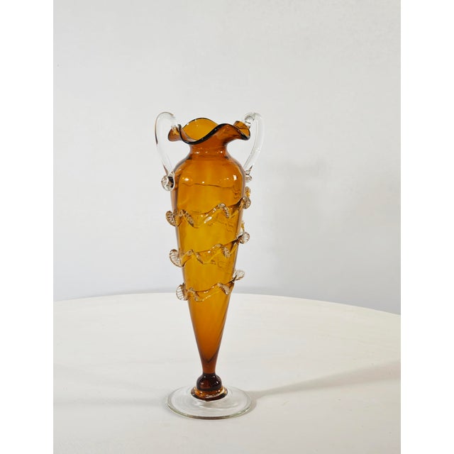Mid-Century Modern Two-Handled Amber Murano Glass Vase, Italy, 1950s For Sale - Image 4 of 18