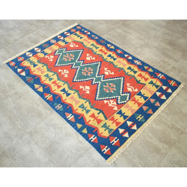 1980s Vintage Hand Woven Turkish Rug Flat Weave Wool Area Kilim Oushak Rug For Sale - Image 4 of 7