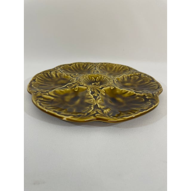 Gien 1950s French Gien Majolica Olive Green Oyster Plate For Sale - Image 4 of 13