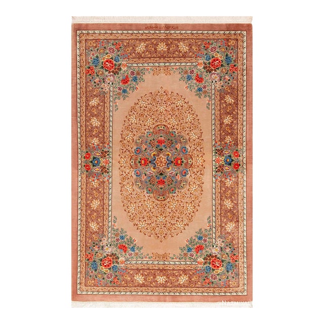 Nazmiyal Collection 1950s Fine Floral Vintage Persian Silk Qum Rug For Sale