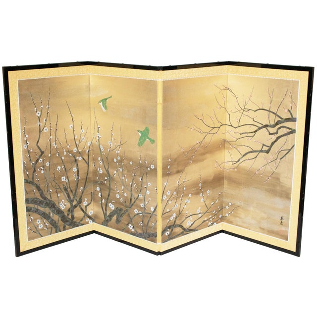 "Sakura and Mejiro Birds", 1970s Showa Era Japanese Byobu Screen For Sale - Image 4 of 18