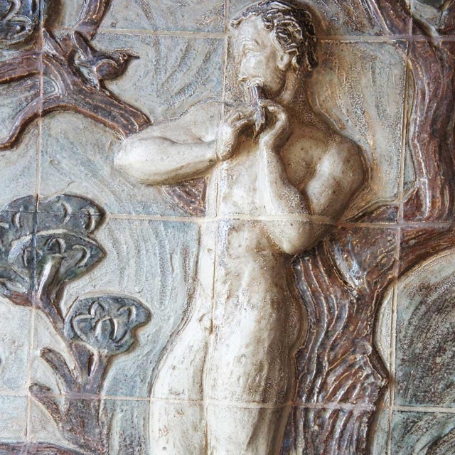 DETAILS These very large, framed vintage tile scenes feature raised relief, moulded panels depicting the garden of Eden,...