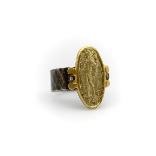 Modern 1990s Ancient-Inspired Classical Sterling Silver and 24k Gold Ring With Diamonds, Size 7 For Sale - Image 3 of 9