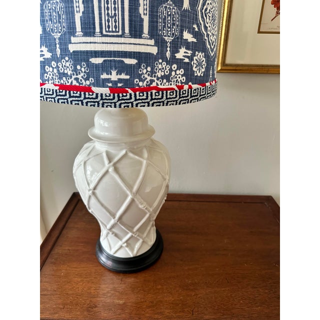 1980s Vintage White Ceramic Bamboo Patterned Lamp With Fabric Shade For Sale - Image 5 of 10