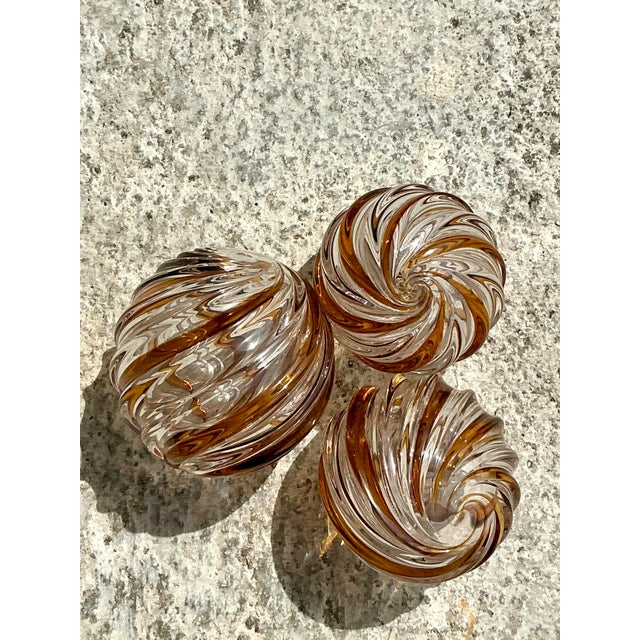 Contemporary Vintage Regency Caramel Swirl Blown Glass Spheres - Set of 2 For Sale - Image 3 of 5