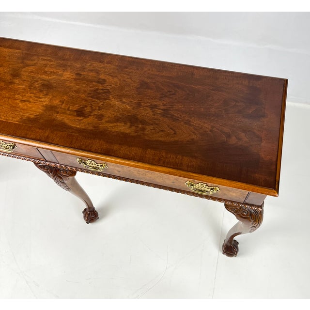 Brown Vintage Baker Furniture Chippendale 5-Leg Burl Walnut & Mahogany Console Table For Sale - Image 8 of 16