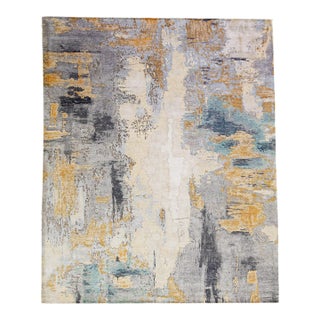 2010s Modern Handmade Gray & Gold Abstract Wool & Silk Rug For Sale