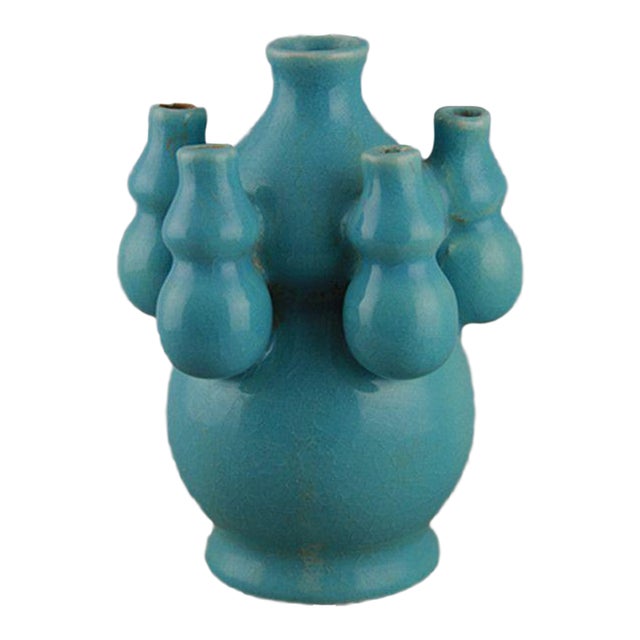 Turquoise Celadon Multi-Spout Gourd Ceramic Vase, Chinese Five Blessings Vase For Sale