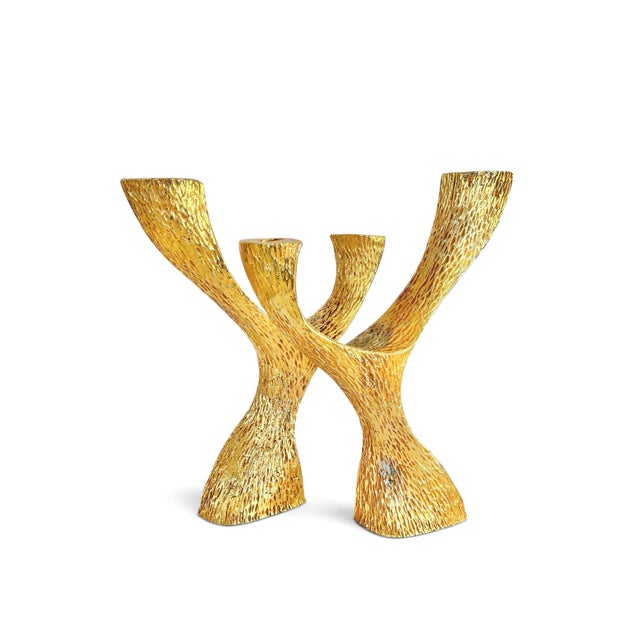 Stephane Galerneau French Gilt Metal Candlesticks Attributed to Stéphane Galerneau For Sale - Image 4 of 5