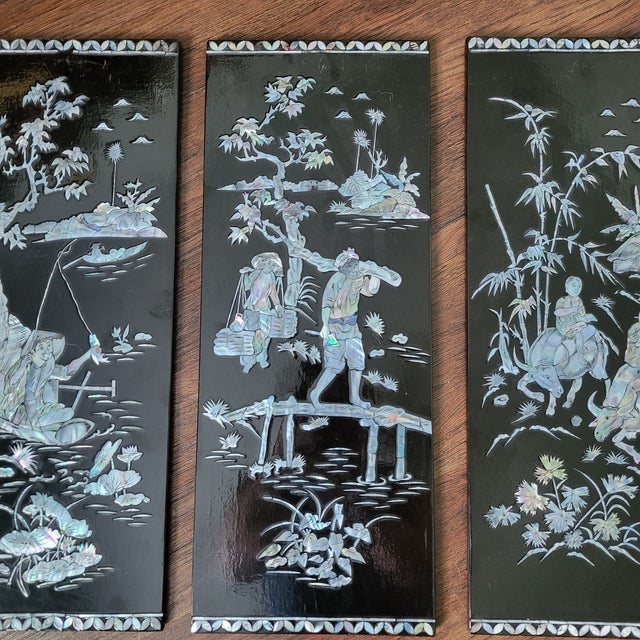VTG Rare Set of 4 Panels Vietnamese Mother of Pearl Inlay Lacquer Fishing Hunting Plaques Farm Life MCM Sơn Mài For Sale - Image 14 of 18