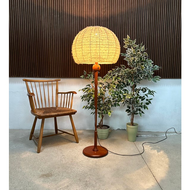 Wood Large Height-Adjustable Teak Floor Lamp with Brass Details and Wool Lampshade from Temde Leuchten, 1960s For Sale - Image 7 of 18