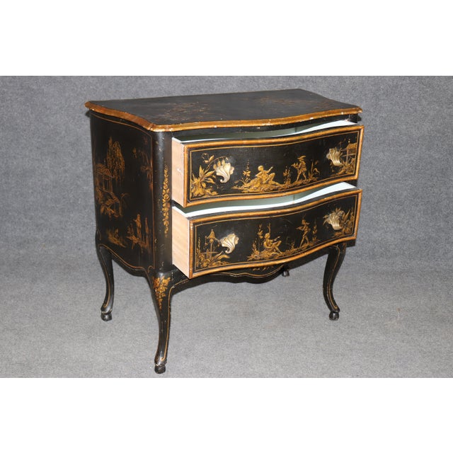 Chinoiserie Vintage Italian Ebonized Chinoiserie Style Brass Mounted Paint Decorated Commode For Sale - Image 3 of 9