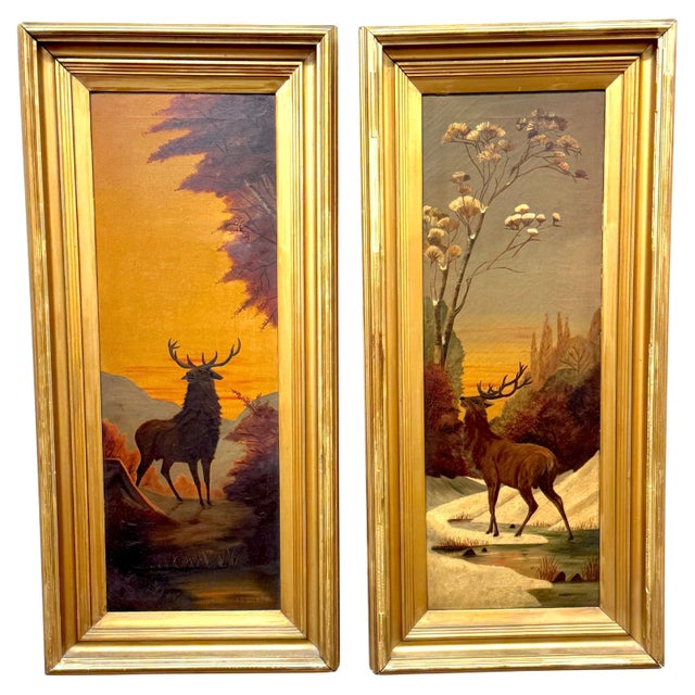 Pair American Sporting Paintings Elk & White-Tailed Deer Buck, Signed A. Crozier For Sale - Image 10 of 18