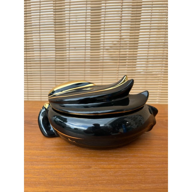 Vintage Italian Hand Painted Ceramic Vanity Box Signed by the Artist. Circa 1980s. Features a leave shaped black ceramic...