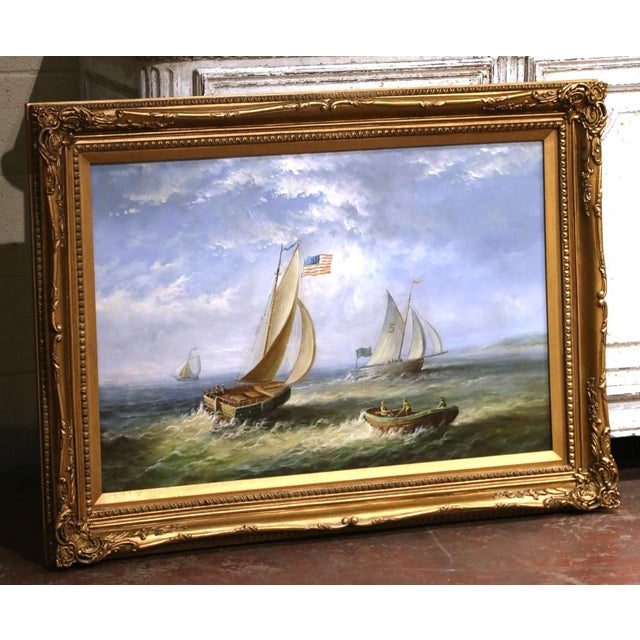 A dramatic maritime composition with strong movement and atmosphere, this large vintage oil painting captures several...