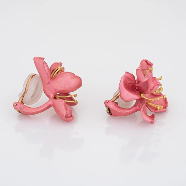 Modern Mid 20th Century JAR Almond Blossom Earrings 18k Gold Silver Pink Enamel Joel Arthur Rosenthal - 2 Pieces For Sale - Image 3 of 4