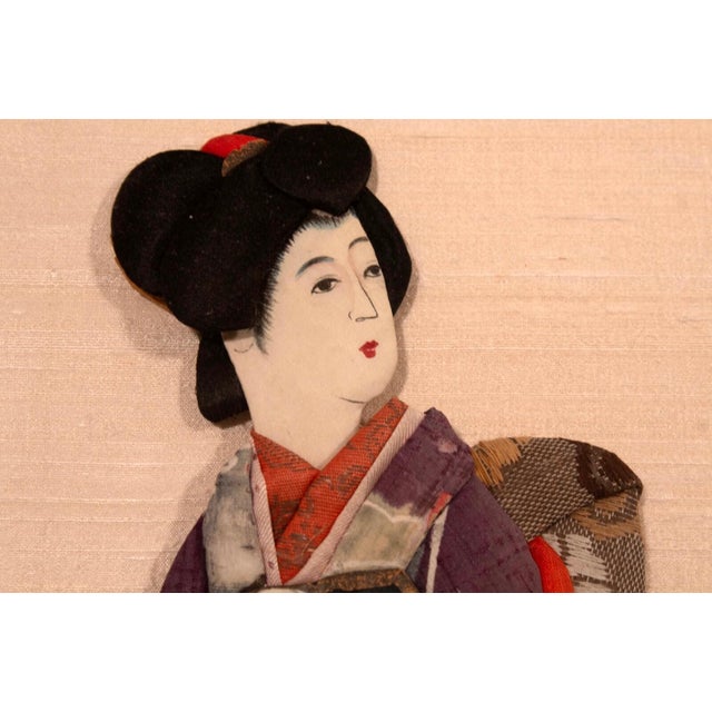 Antique Japanese Silk Brocade Oshie Art Geisha Puppet Dolls in Shadow Box Frame For Sale - Image 11 of 16