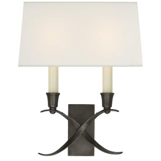 Chapman & Myers for Visual Comfort Signature Cross Bouillotte Small Sconce in Bronze with Linen Shade For Sale