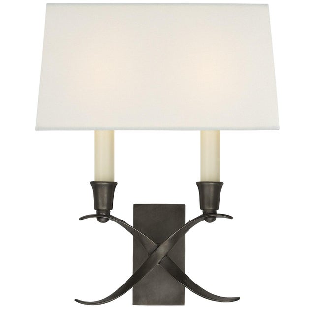 Chapman & Myers for Visual Comfort Signature Cross Bouillotte Small Sconce in Bronze with Linen Shade For Sale
