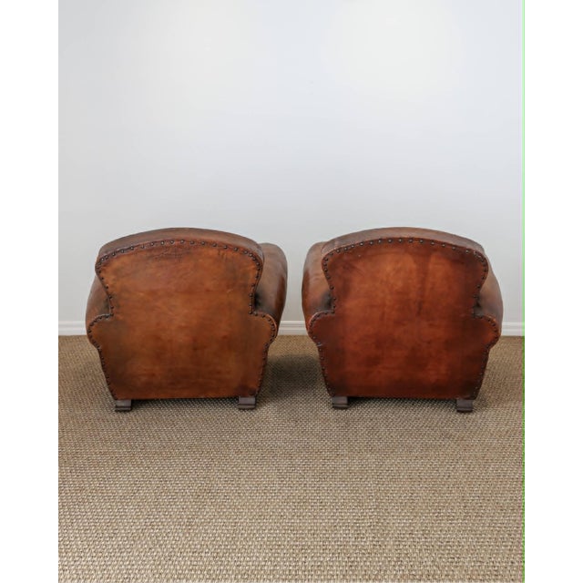 Art Deco Pair of Antique French Leather Club Chairs - Circa 1920s For Sale - Image 3 of 16