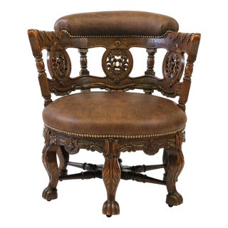 19th Century Carved Oak and Leather Burgermeister Chair For Sale