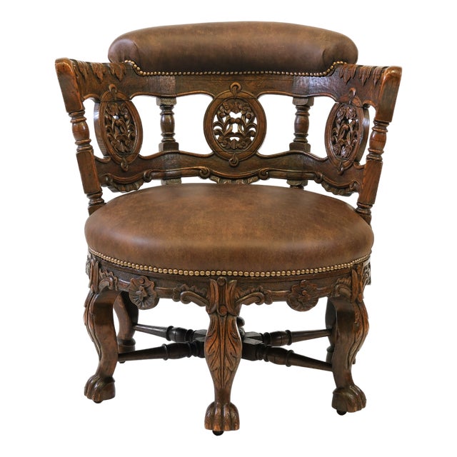 19th Century Carved Oak and Leather Burgermeister Chair For Sale