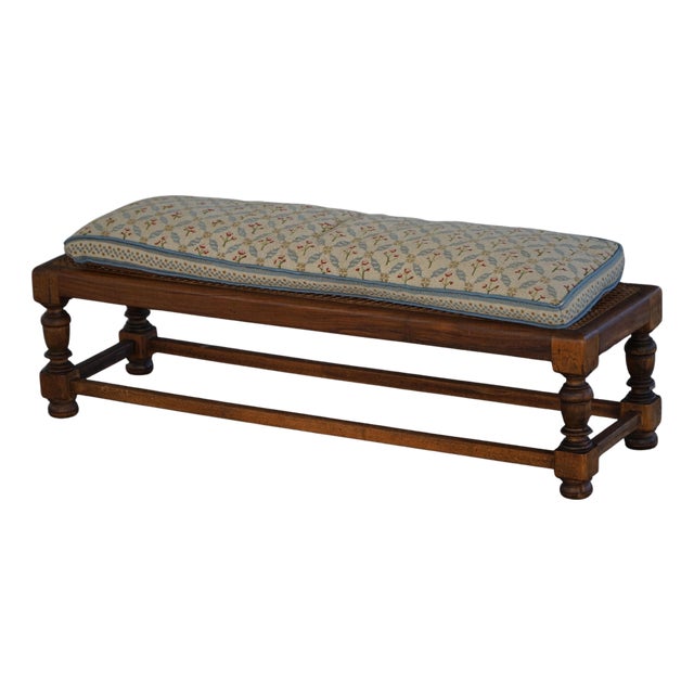 Danish Oak Ottoman with Hand-Embroidered Cushion and Cane Seat, 1940s For Sale