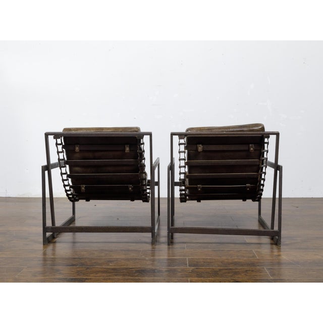 Industrial Pair of Mid 20th Century Industrial Iron Sling Transat Chairs with Brown Leather For Sale - Image 3 of 12