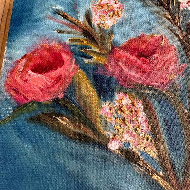 Mid-Century Modern Small Contemporary Roses With Gold Accents & Teal Background, Painted on Linen Style Canvas by American Artist Kristin Ashman. “Golden Teal.” For Sale - Image 3 of 9