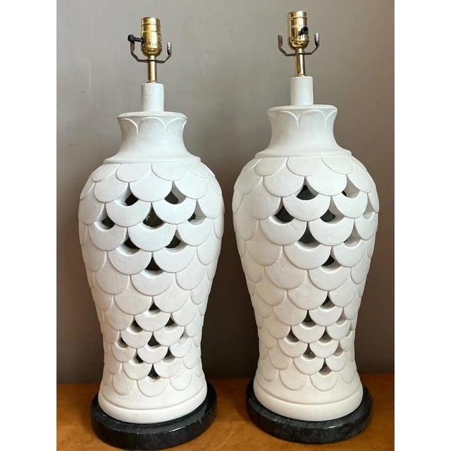 Vintage Scalloped Ceramic Table Lamps - a Pair For Sale - Image 13 of 13