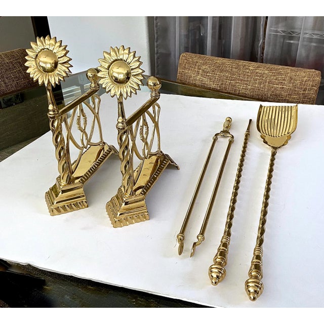 Late 20th Century Aesthetic English Sunflower Brass Fireplace Andiron Set - 5 Pieces For Sale - Image 13 of 13