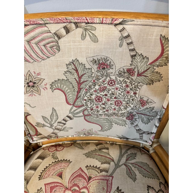 Wood Mid 20th Century 8 McGuire Target Back Dining Chairs. Upholstered in Palm Beach Designer Performance Fabric With Soft Pink and Green Accents For Sale - Image 7 of 11