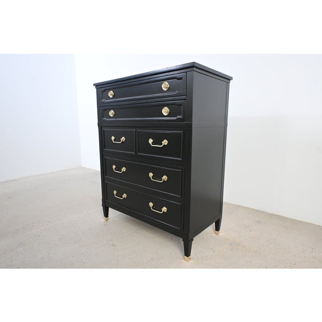 Drexel French Louis XVI Style Black Lacquered Highboy With Brass Hardware | Newly Refinished For Sale - Image 4 of 18