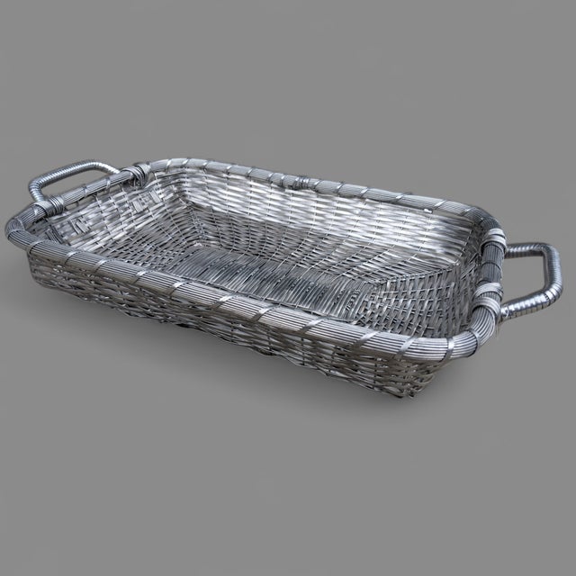 Metal Vintage French Style Silver Mesh Woven Basket Tray For Sale - Image 7 of 11