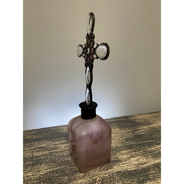 Handmade Crystal Cross Assemblage Sculpture on Pink Glass Bottle For Sale - Image 4 of 7