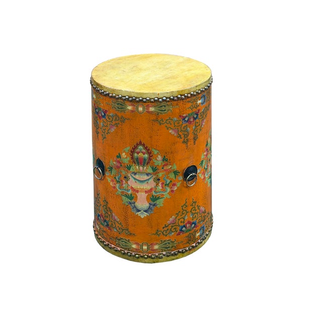 Distressed Light Orange Tibetan Style Jewel Symbol Round Drum Table For Sale - Image 10 of 10