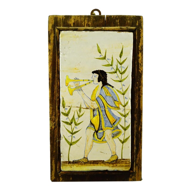 20th Century, Archaic Ceramic Tile Plaque with Wooden Support, Viterbo Tuscia Italy., 1920s, Ceramic For Sale