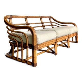 Vintage Boho Brown Jordan Bent Rattan Sofa For Sale