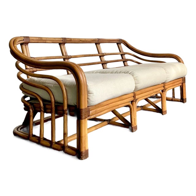 Vintage Boho Brown Jordan Bent Rattan Sofa For Sale