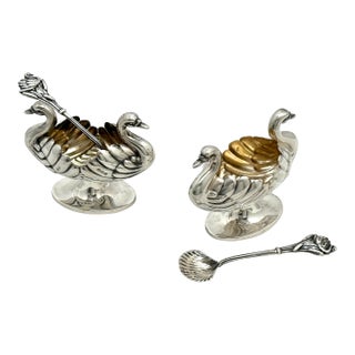 Antique Circa 1909 Birmingham England Sterling Silver Swans Motif Open Salt Cellars & Matching Spoons Set For Sale