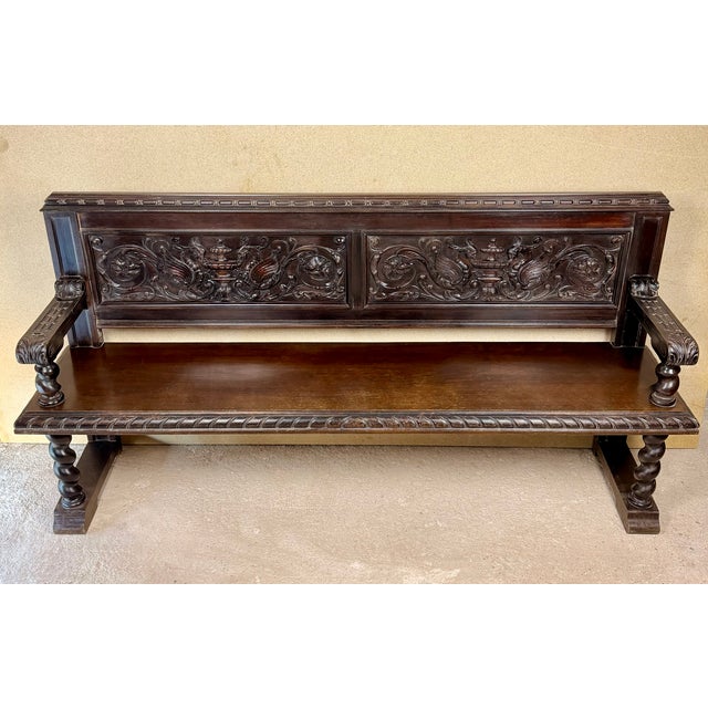 20th Century Spanish Carved Wood Bench with Barley Twist Legs, 1920 For Sale - Image 6 of 17