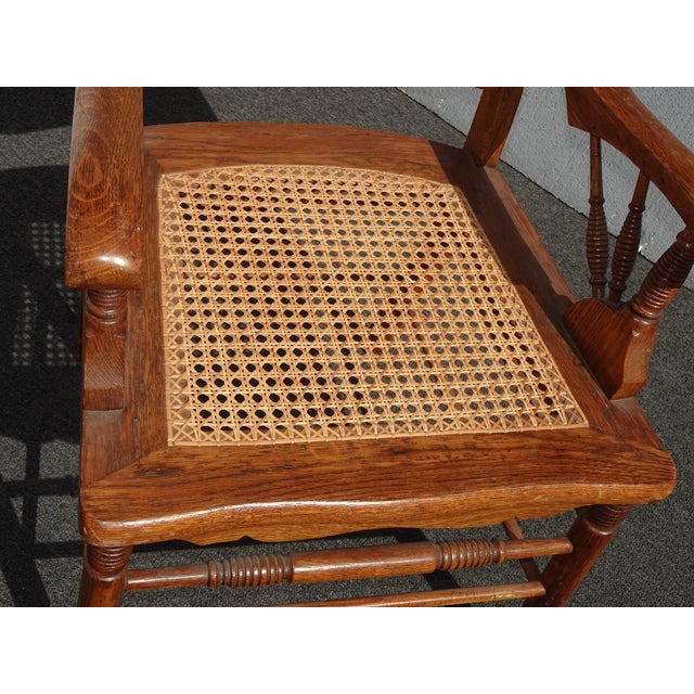 Vintage Oak Cane French Country Arm Chair W Tapestry Backrest Fabric For Sale - Image 10 of 12