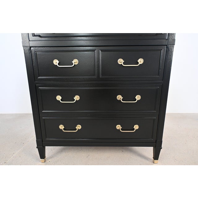 French Louis XVI Style Black Lacquered Highboy With Brass Hardware | Newly Refinished For Sale - Image 12 of 18
