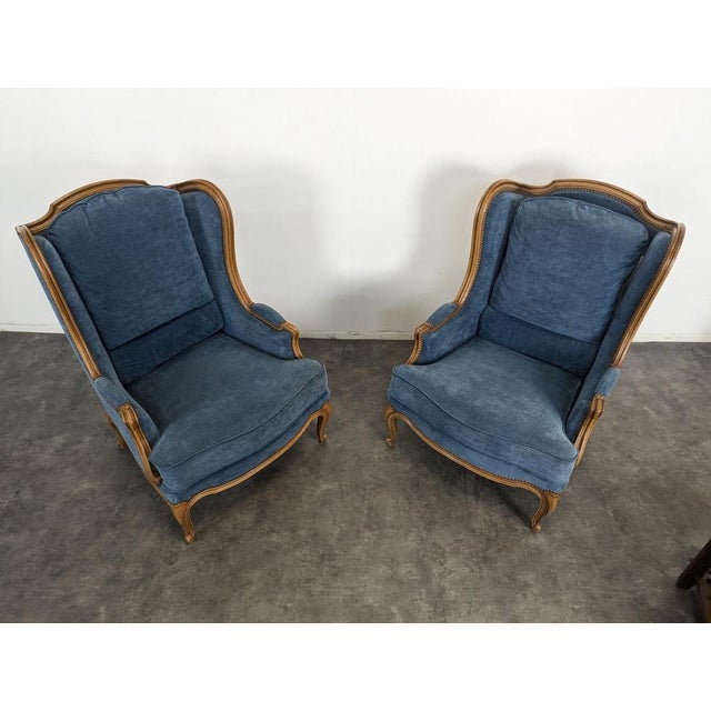 Louis XV Style Wingback Lounge Chairs in Blue Velvet, Set of 2 For Sale - Image 3 of 8