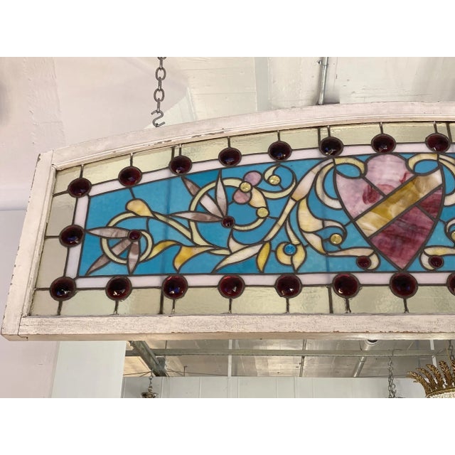 Traditional Vintage Arched 29 Jewels Stained Glass Transom Window For Sale - Image 3 of 8