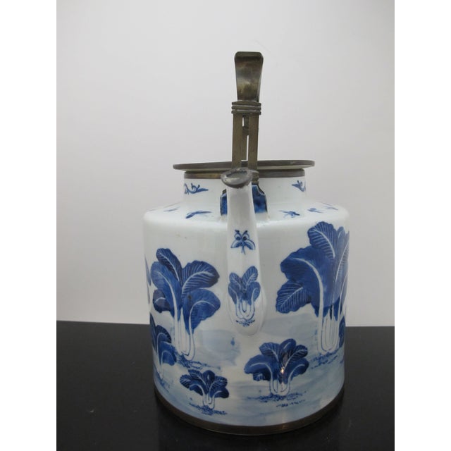 Qing Dynasty Blue and White Chinese Porcelain Lotus Flower & Butterfly Brass Handle Teapot For Sale - Image 4 of 11